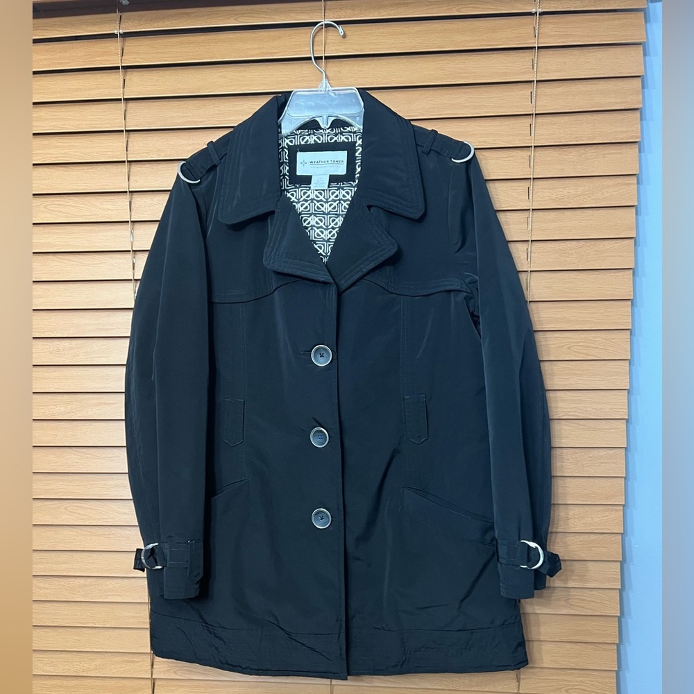 Weather Tamer Black Coat Mid Length Woman’s Jacket Size L Belted